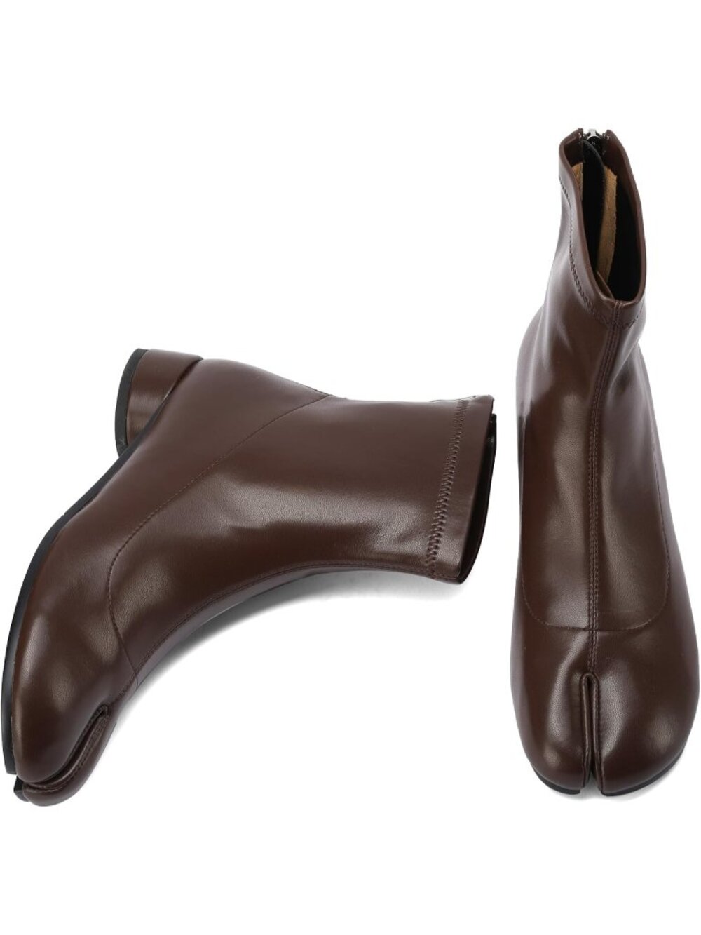 Women's Brown Leather Tabi Japanese Ninja Split Toe Low Chunky Heel Boot Shoes